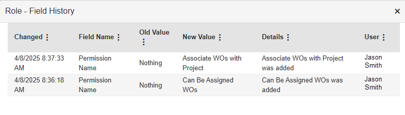 Role - Field history pop-up.